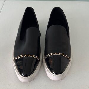 Karl Lagerfeld Black Loafers with Gold Chain Accent